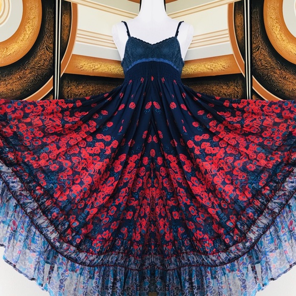 Free People Dresses & Skirts - Free People Falling Flowers Silk Maxi Red Blue XS